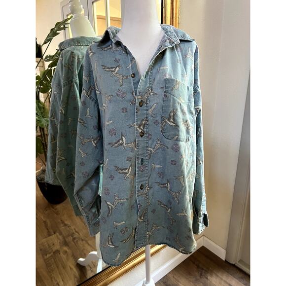 Ruff Hewn Denim Button Up Shirt with all over Bird and geometric Print Sz Large - Picture 1 of 7